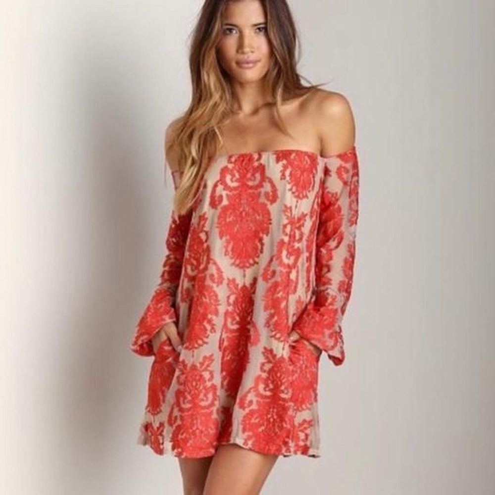For Love & Lemons Precioso Red Lace Off Shoulder Mini Sheer Dress Size S Boho